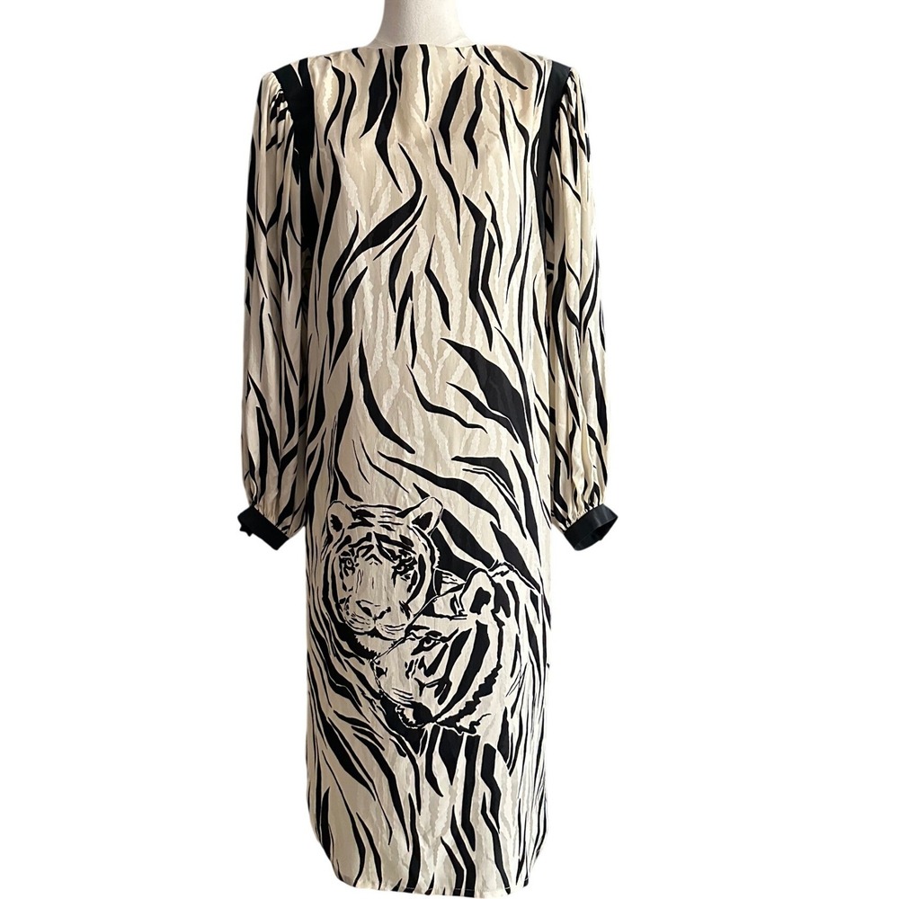 VTG Francesca of Damon for Starington 100% Silk Tiger Print Midi Dress Size 10
